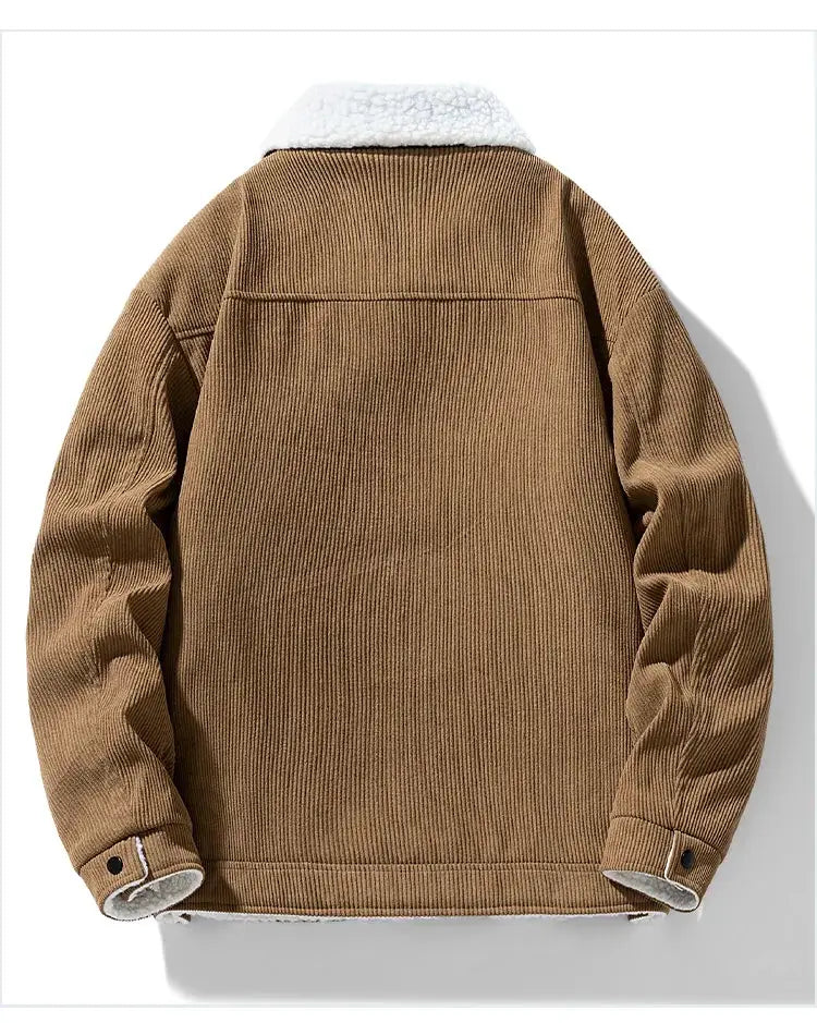 Men's brown corduroy jacket with white shearling collar, back view.