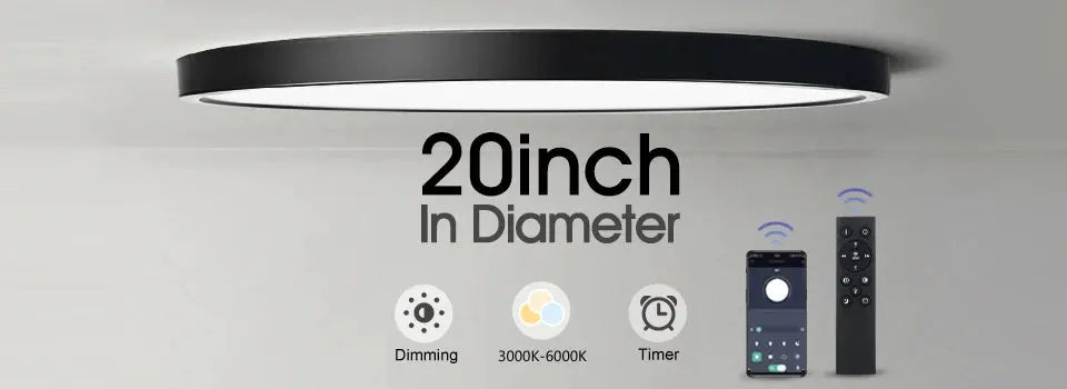 Round 20-inch LED ceiling lamp with black ring and white light; dimmable, 3000–6000K color temperature, remote control