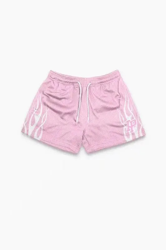 Men's pink athletic shorts with drawstring, breathable mesh fabric and white side graphics
