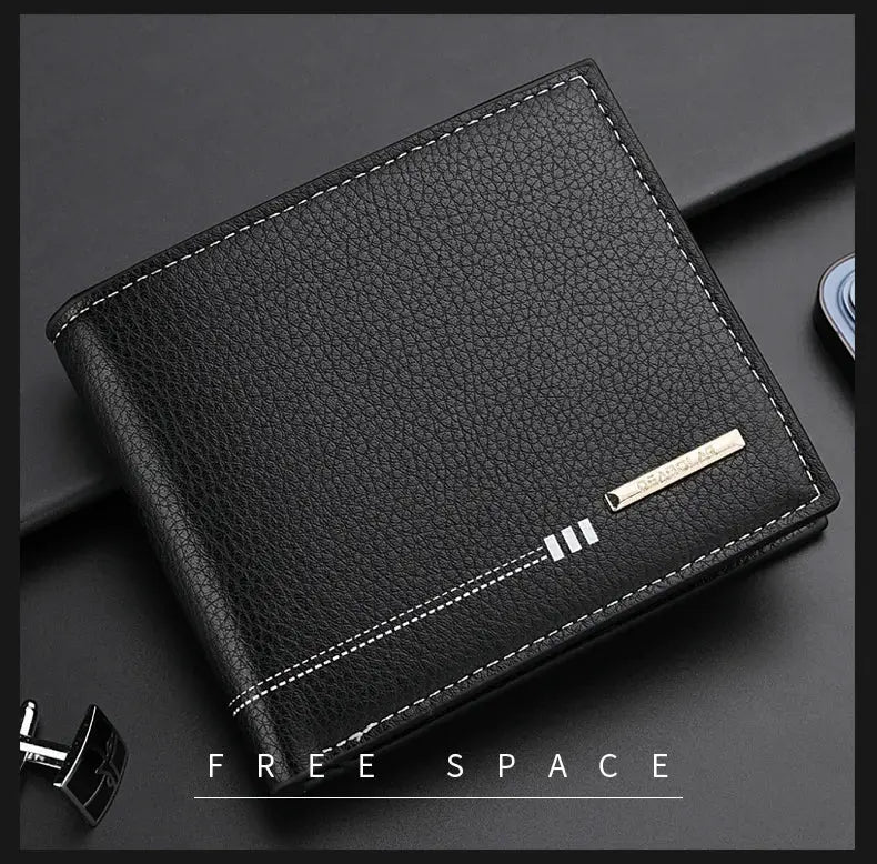 Men's black lychee-grain leather wallet with white stitching and gold plate