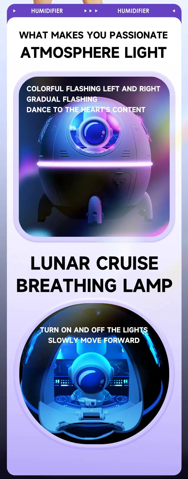 220mL Space Capsule Air Humidifier USB Plug in Rechargeable Mist Aromatherapy Water Diffuser 7 Colors Atmosphere Light