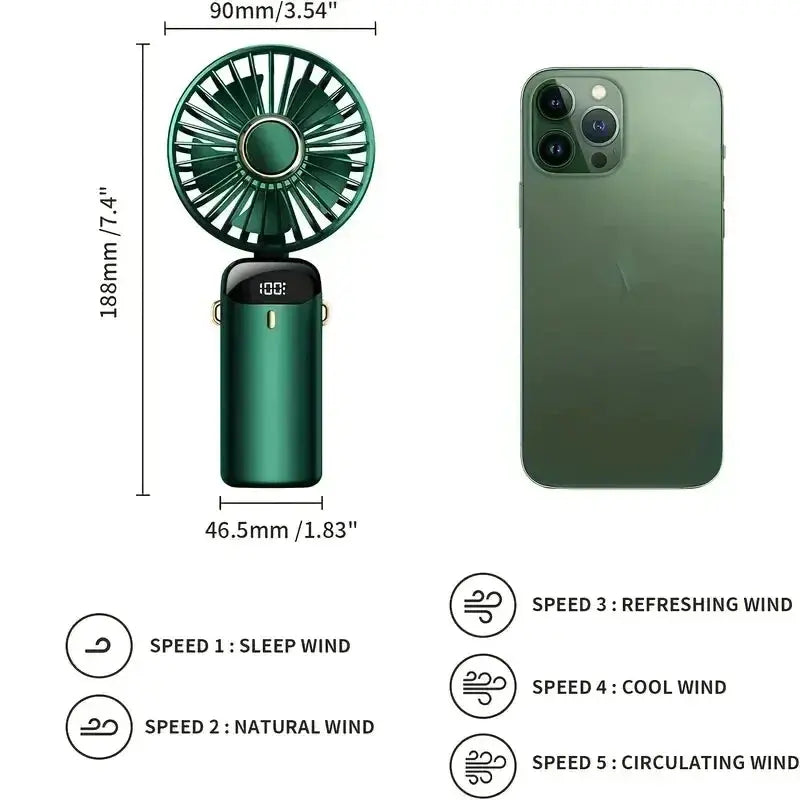 Portable Handheld Rechargeable Fan With LED Digital Display 90 Degree Adjustable 5 Speed Aromatherapy Mini