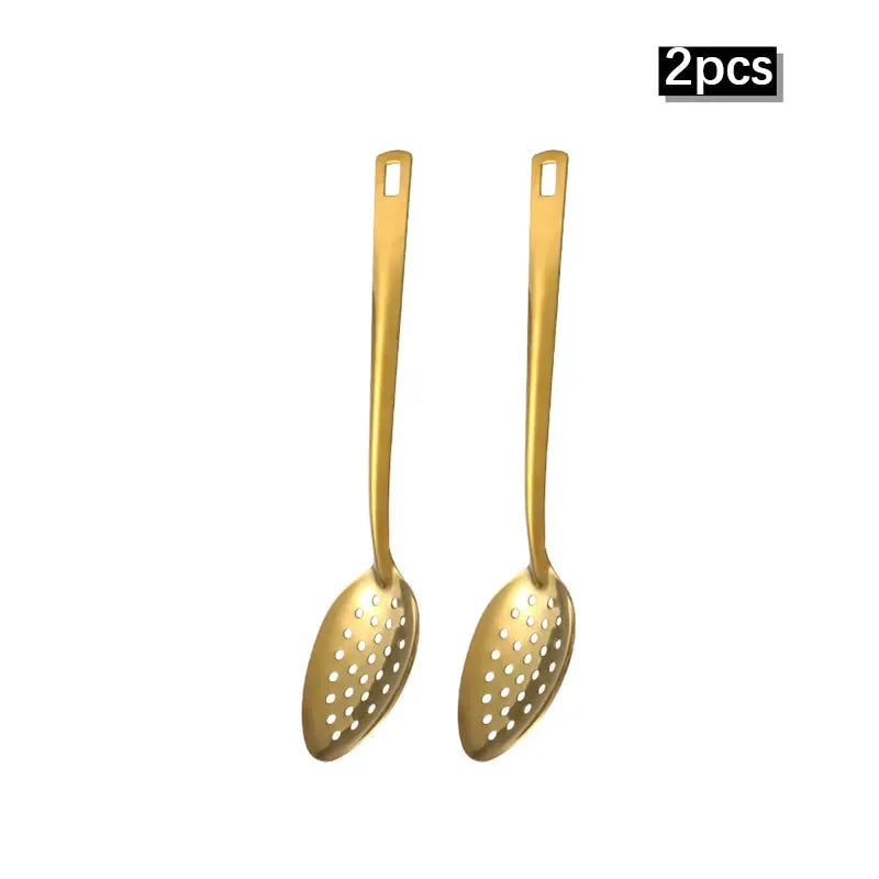 Two And Six Piece Stainless Steel Kitchenware Set Korean Golden Design Soup Spoon Colander Hot Pot Spoon Frying Spoon