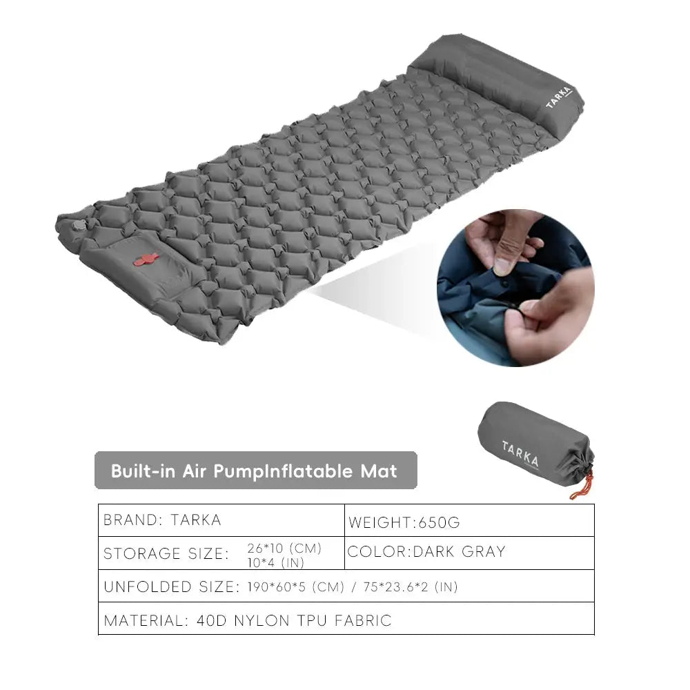TARKA inflatable camping mat with pillow, dark gray, by Simples Market, with rolled carry bag