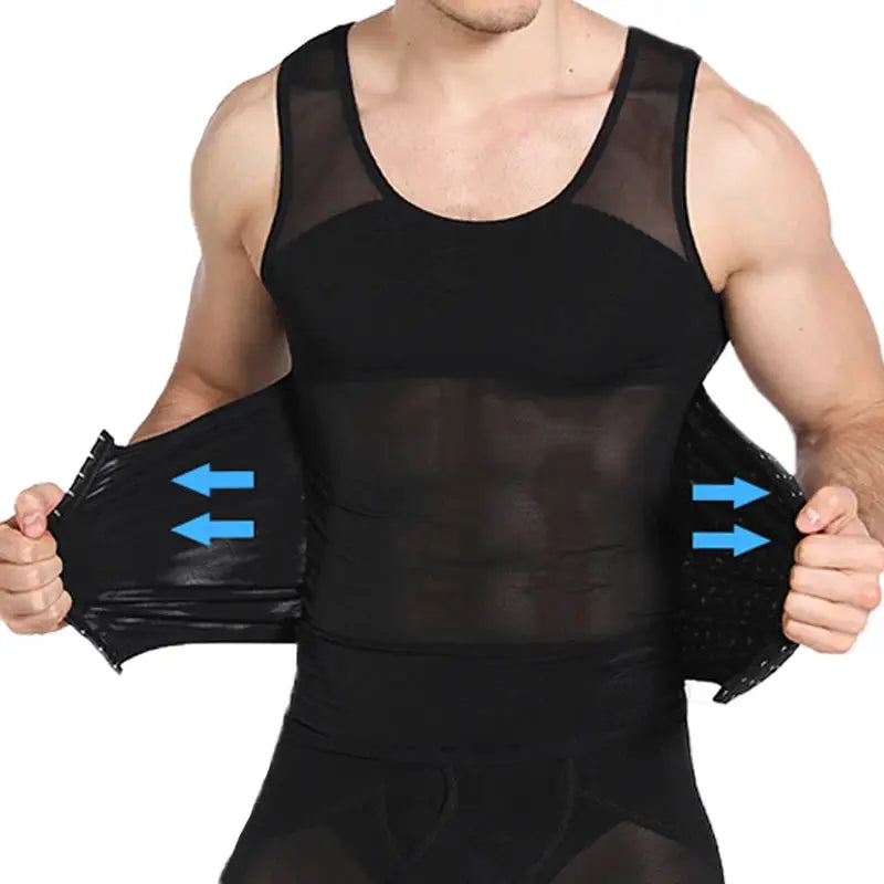 CXZD men’s waist trainer muscle girdle shirt, black mesh compression vest