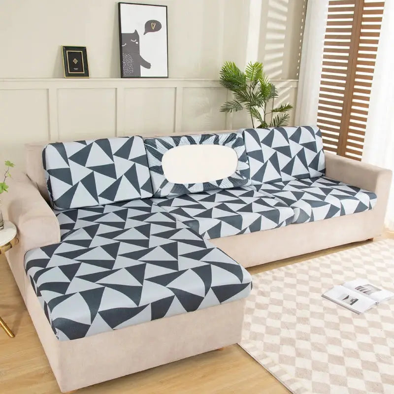 L-shaped sofa slipcover set in blue-gray geometric triangle print for seat cushions and backrests