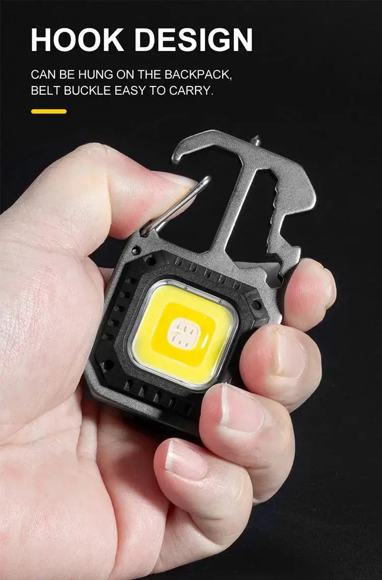 COB keychain work light with hook design, compact rechargeable LED flashlight