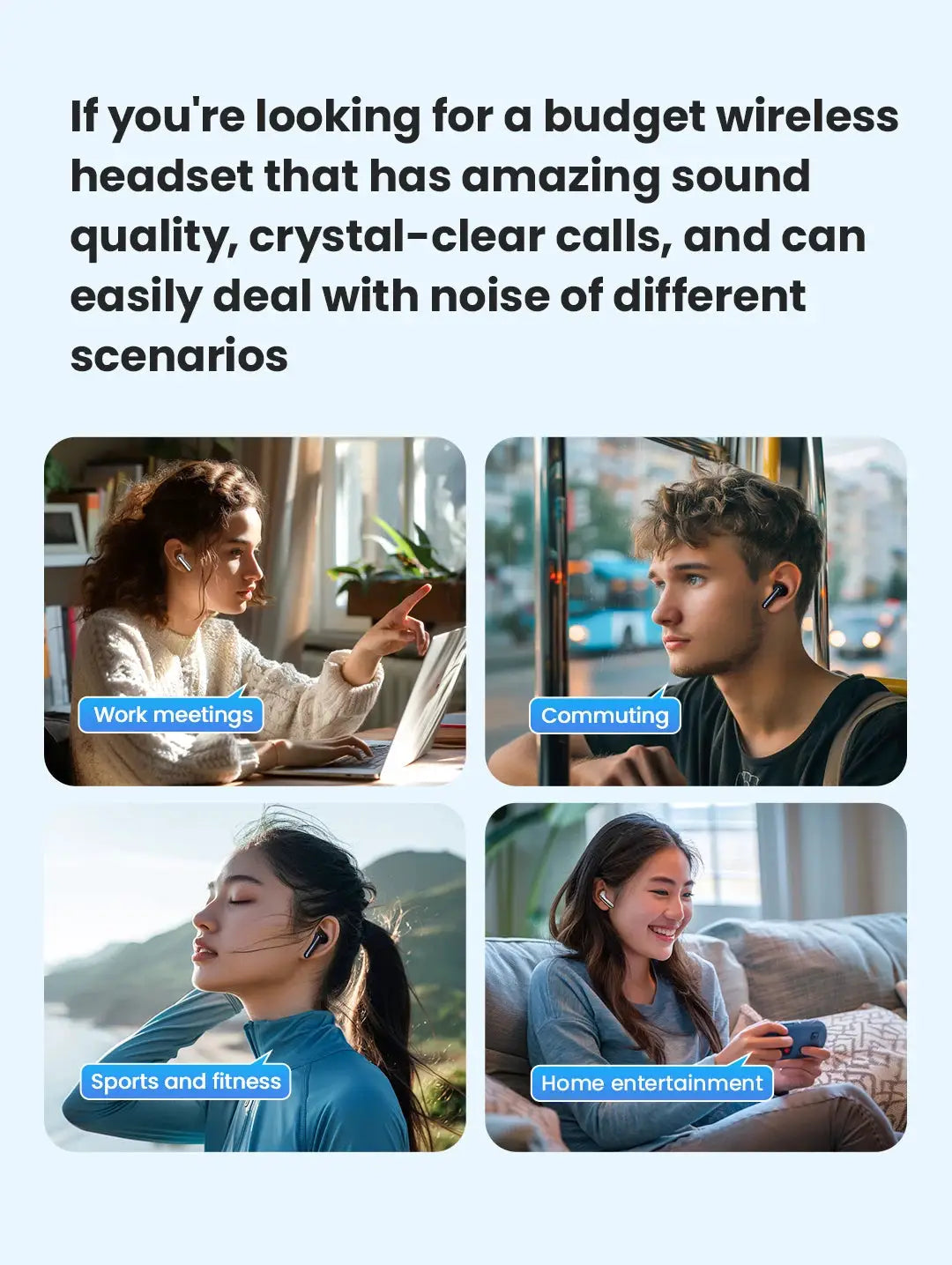 Haylou Mori Pro Bluetooth 5.4 earphones with ANC, 6 mics and 35h battery life; four-panel lifestyle collage
