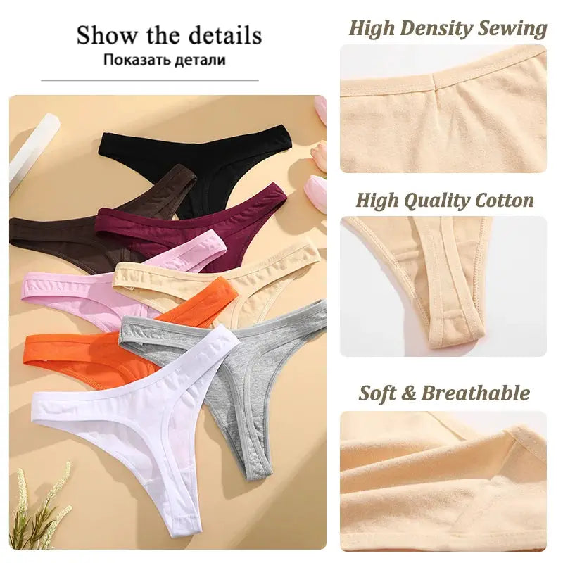 Simples Market 3-piece cotton thong underwear set in assorted colors; seamless, low-waist, T-back, soft and breathable.