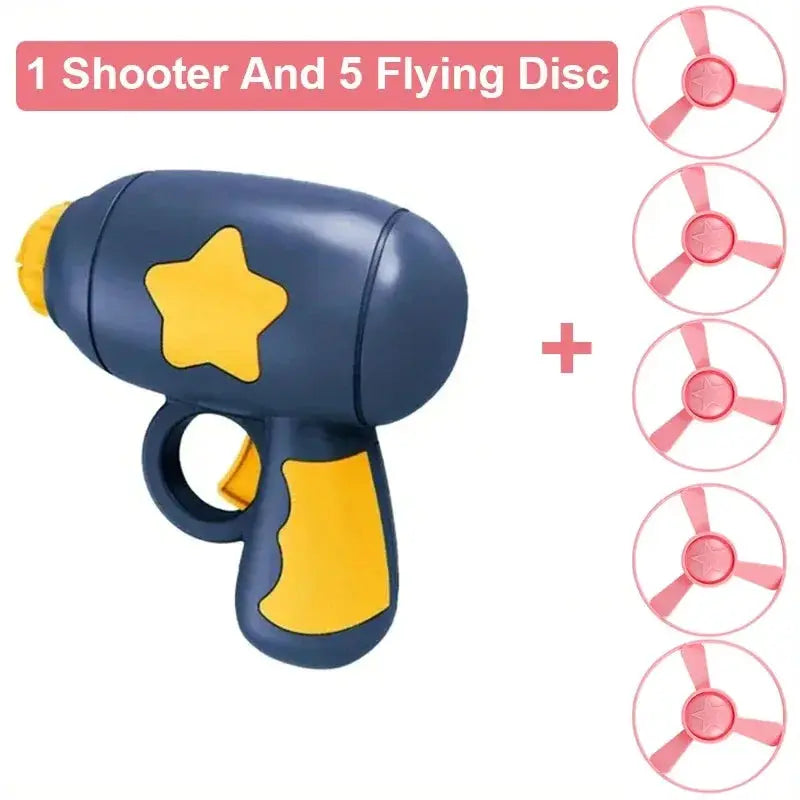 Cat toy gun by Simples Market, blue with yellow accents, includes 5 pink flying discs.