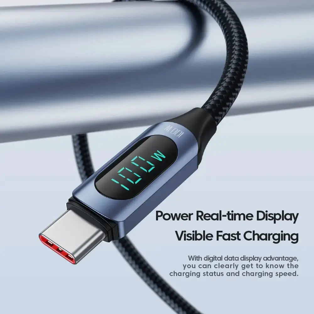 Toocki USB-C to USB-C 100W PD cable with braided black jacket and real-time power display