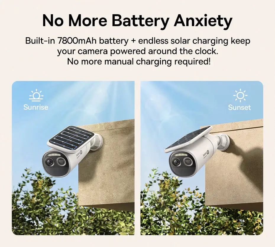 Baseus Security S2 outdoor solar camera mounted on a wall, white body with solar panel; IP67 waterproof, wireless, app-controlled