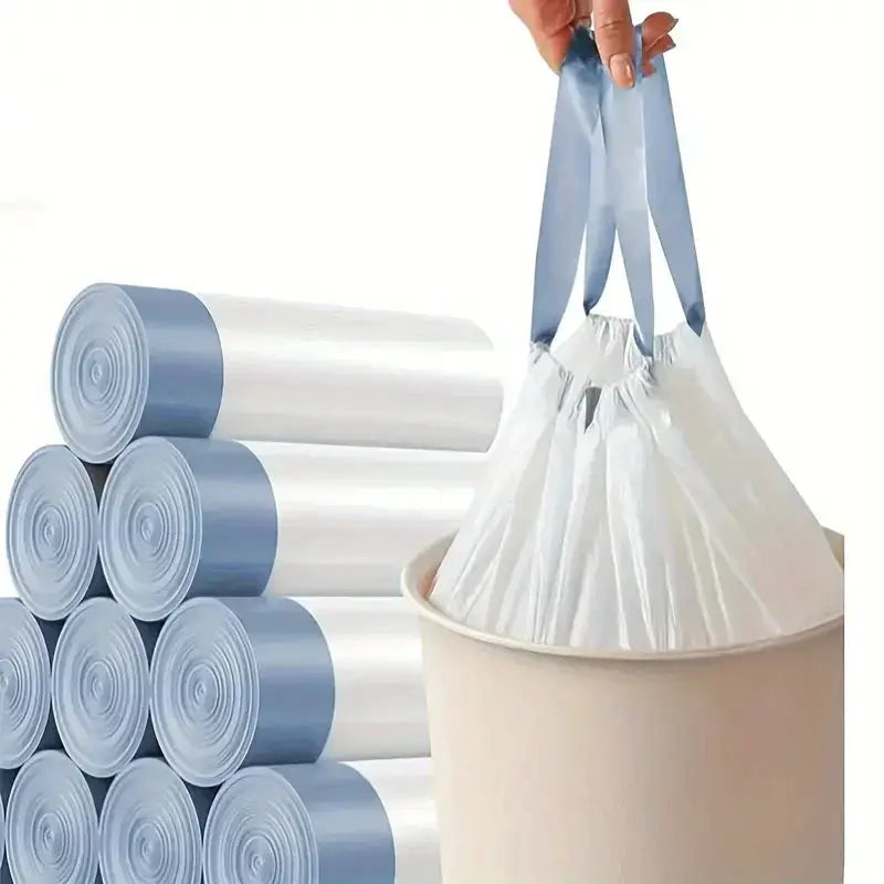 Simples Market drawstring garbage bag rolls; thickened large white bags with blue ends, shown in a trash bin.