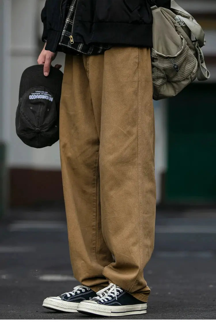 Cargo pants Simples Market, tan baggy straight-leg men's Harajuku streetwear trousers.