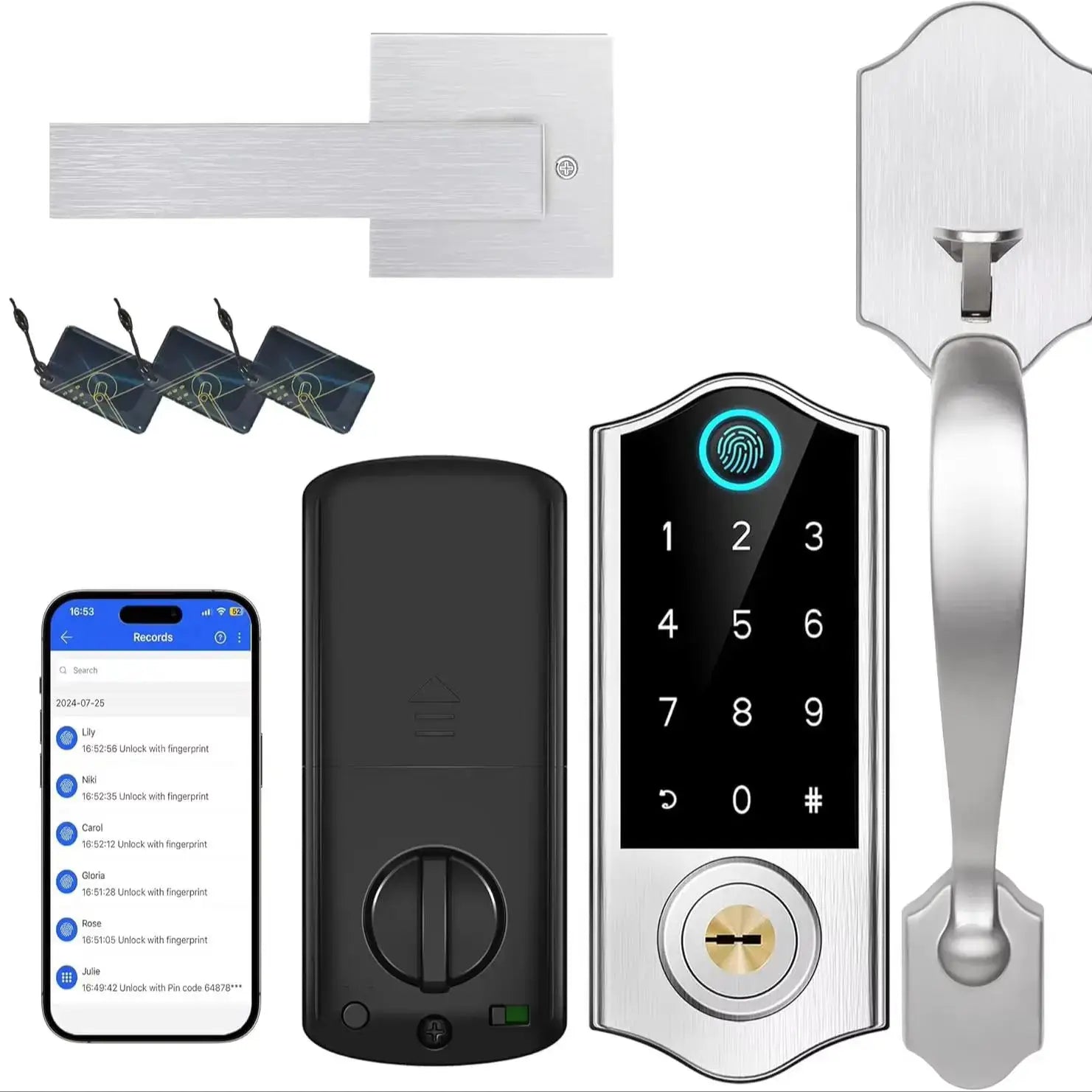 Keyless entry door lock with handle in satin nickel; fingerprint keypad and install hardware by Simples Market