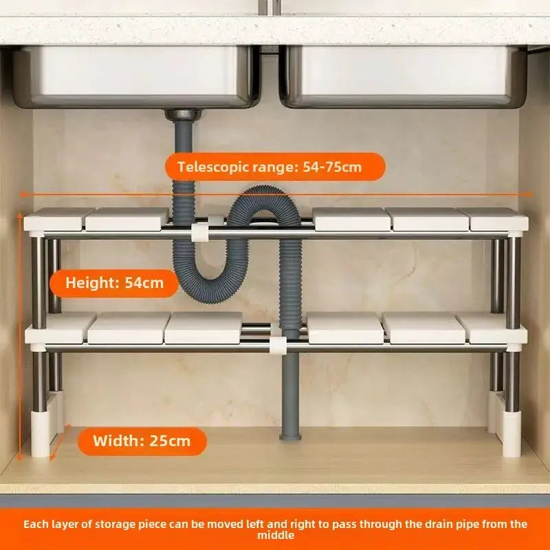 Stackable wardrobe storage rack with two white shelves on a metal frame; telescopic width 54–75 cm