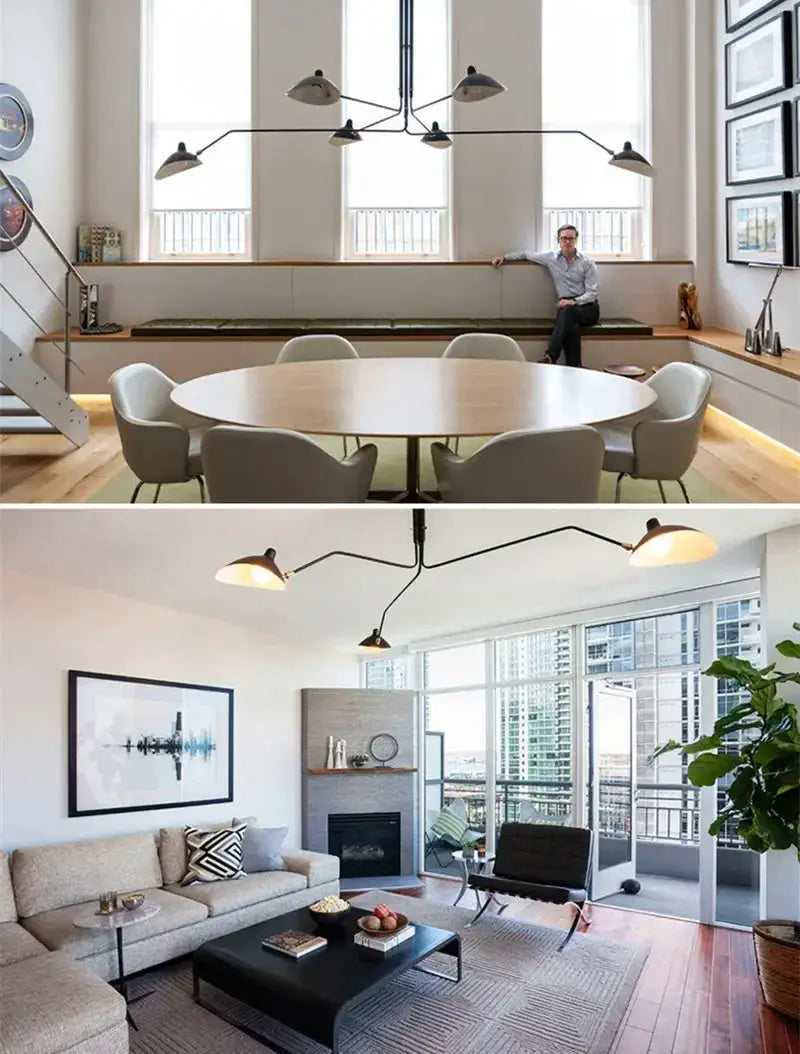 Mouille black ceiling lamp spider pendant with six arms and shade heads for living room or bedroom