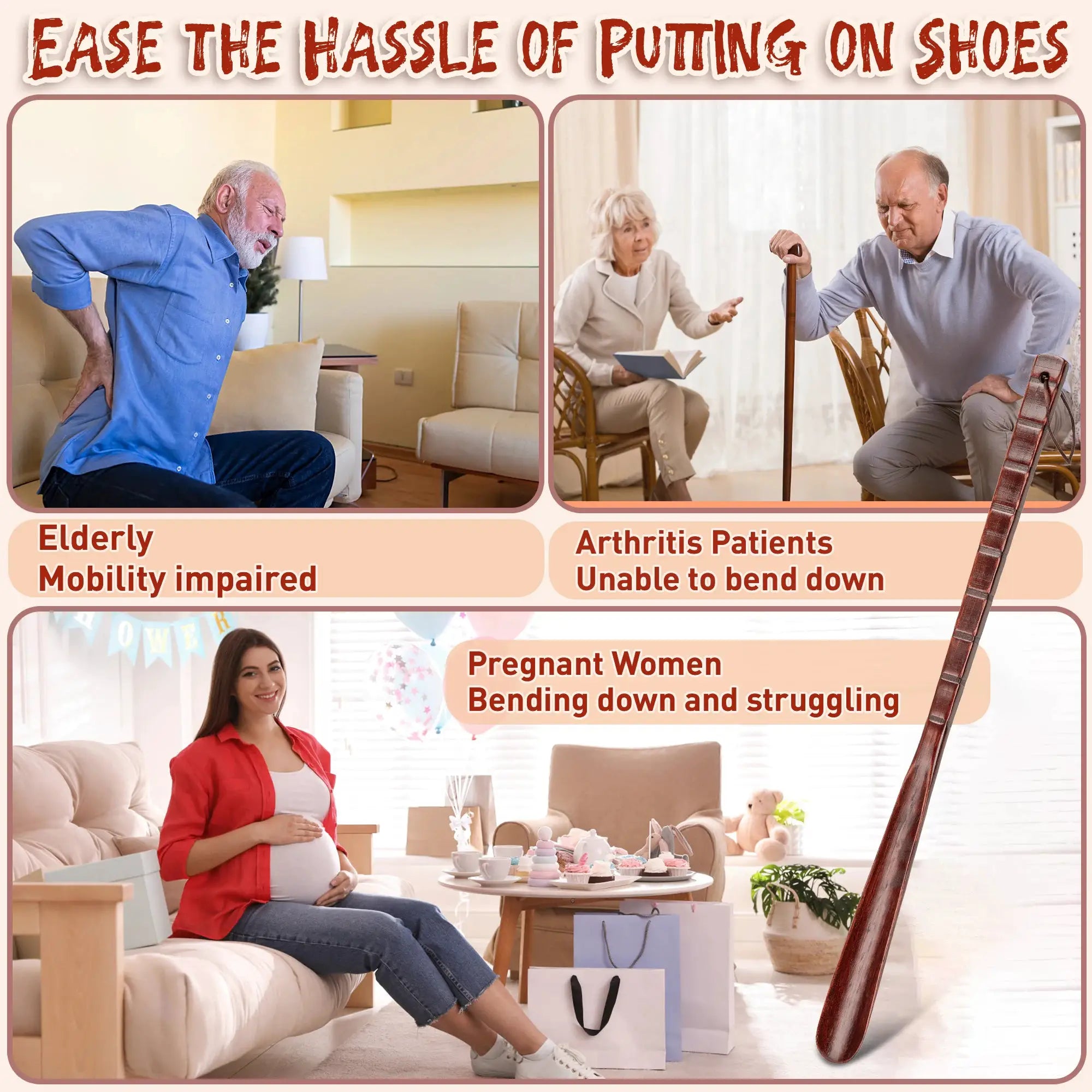Wooden shoe horn with long beech-wood handle; non-slip design for seniors