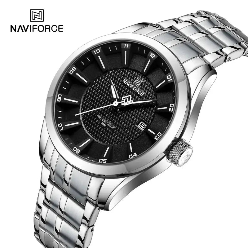 Naviforce men's stainless steel watch with black dial, date display, water resistant