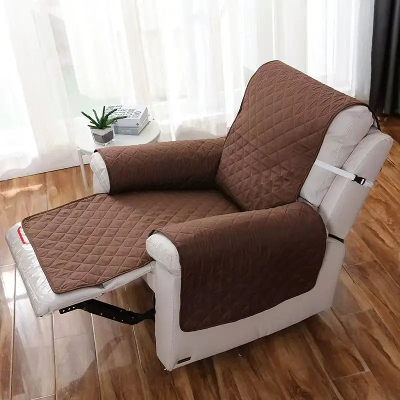 Recliner chair cover set in brown quilted fabric with anti-slip armrests and footrest protectors by Simples Market