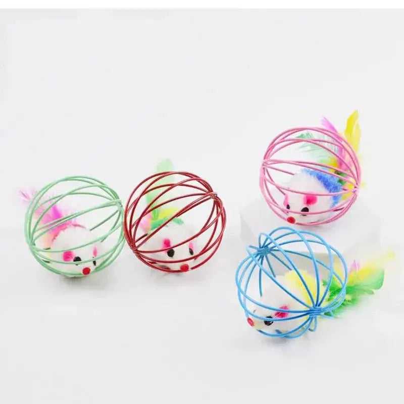 Simples Market 4-piece colorful mouse-in-cage cat toy set with wire spheres and feather tails