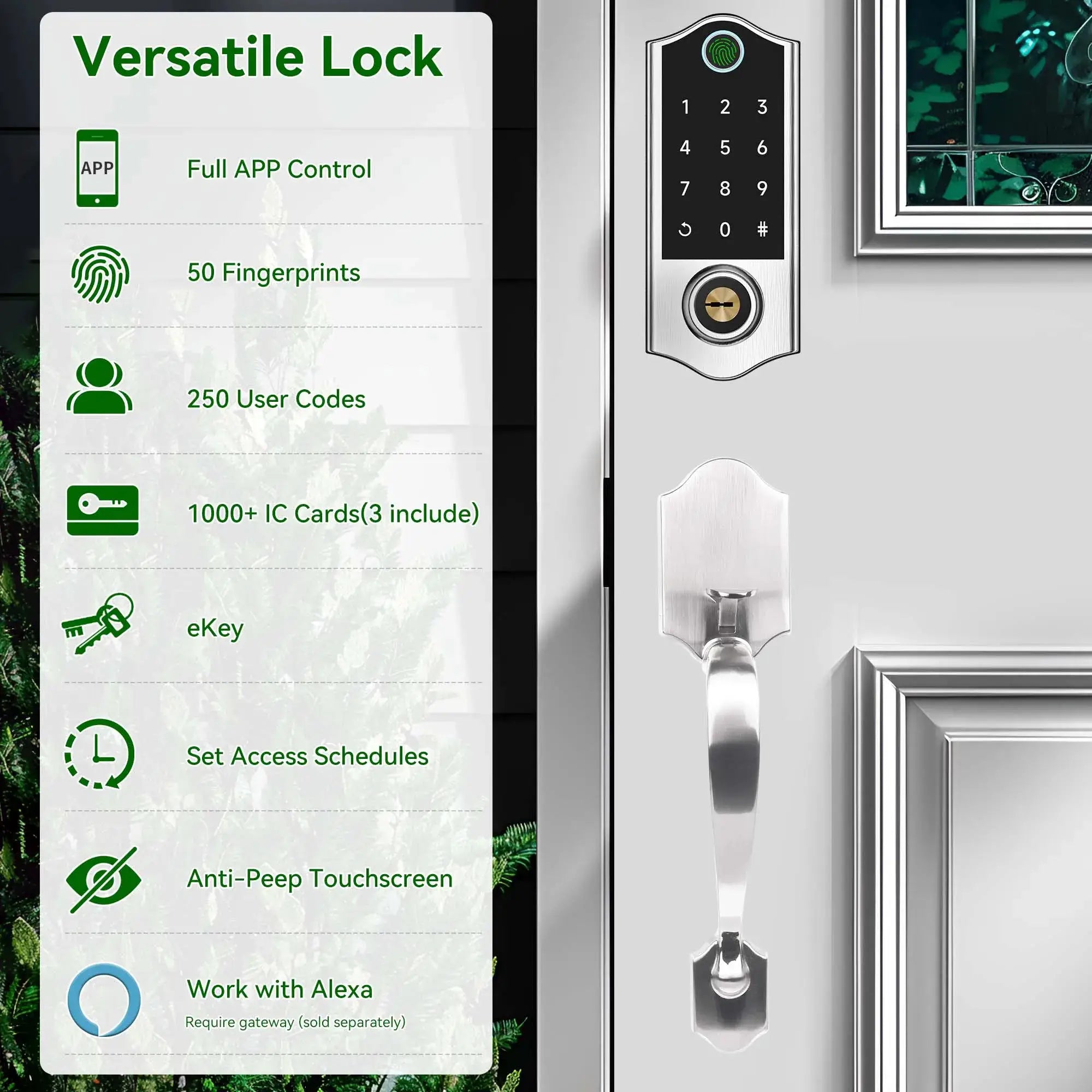 Keyless Entry Door Lock with Handle in satin nickel by Simples Market, fingerprint and keypad smart lock