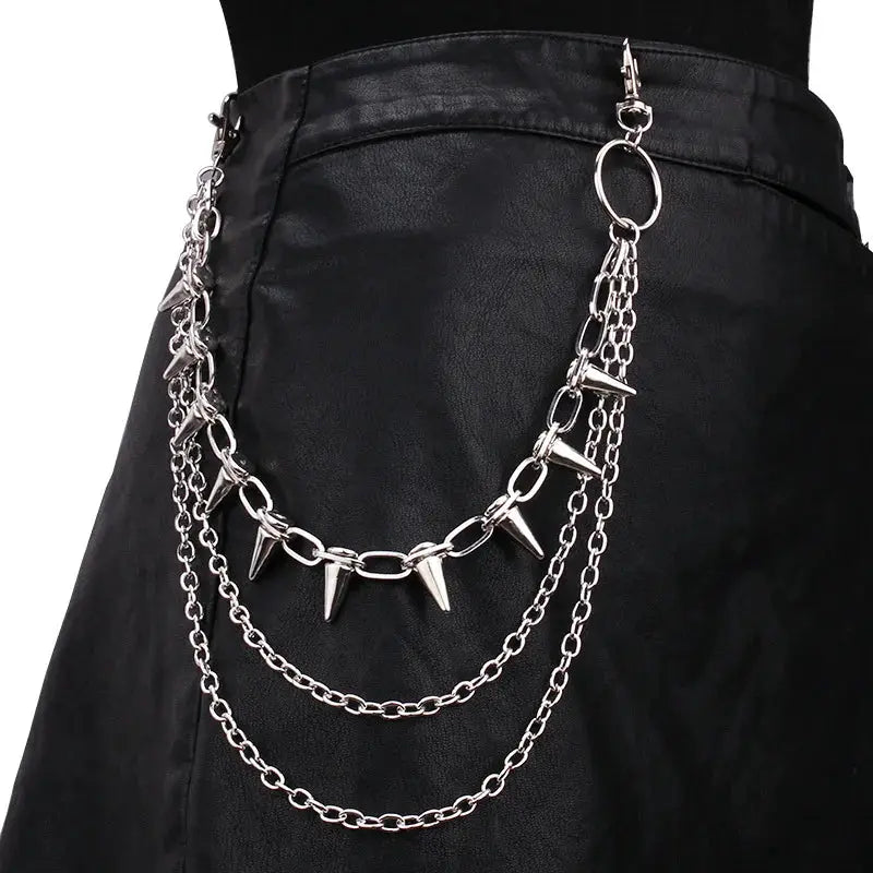 PunkPulse Layered Spike Rivet Metal Chain Belt Keychain For Unisex Biker Goth Style Jeans And Pants