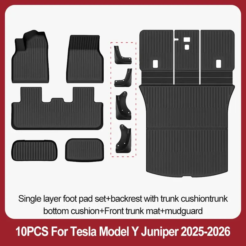 Tesla Model Y 10-piece black TPE floor mat set with trunk mat and mud guards for 2025-2026