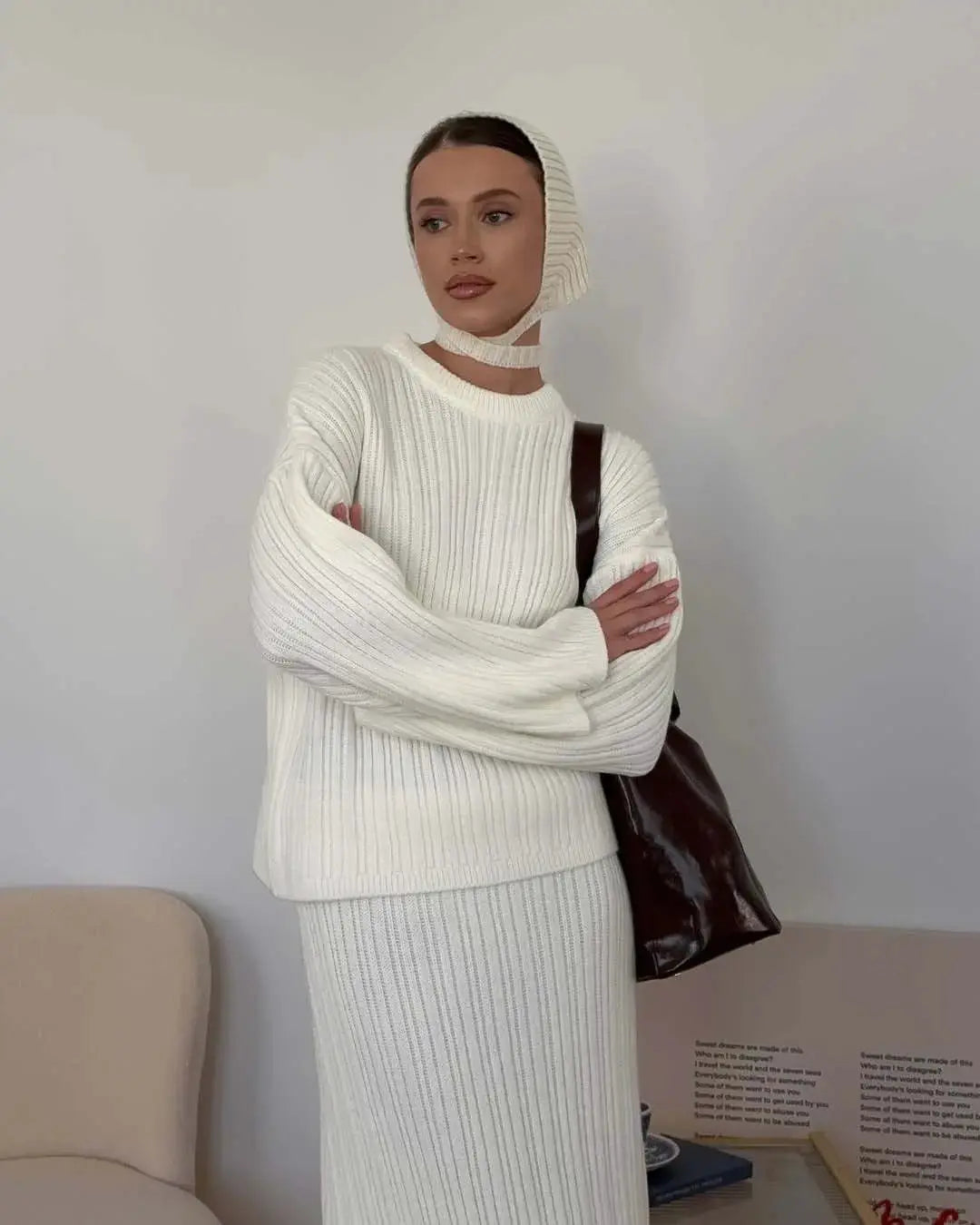 Hirsionsan Two Piece Set Women Polo Neck Cardigan And Midi Dress