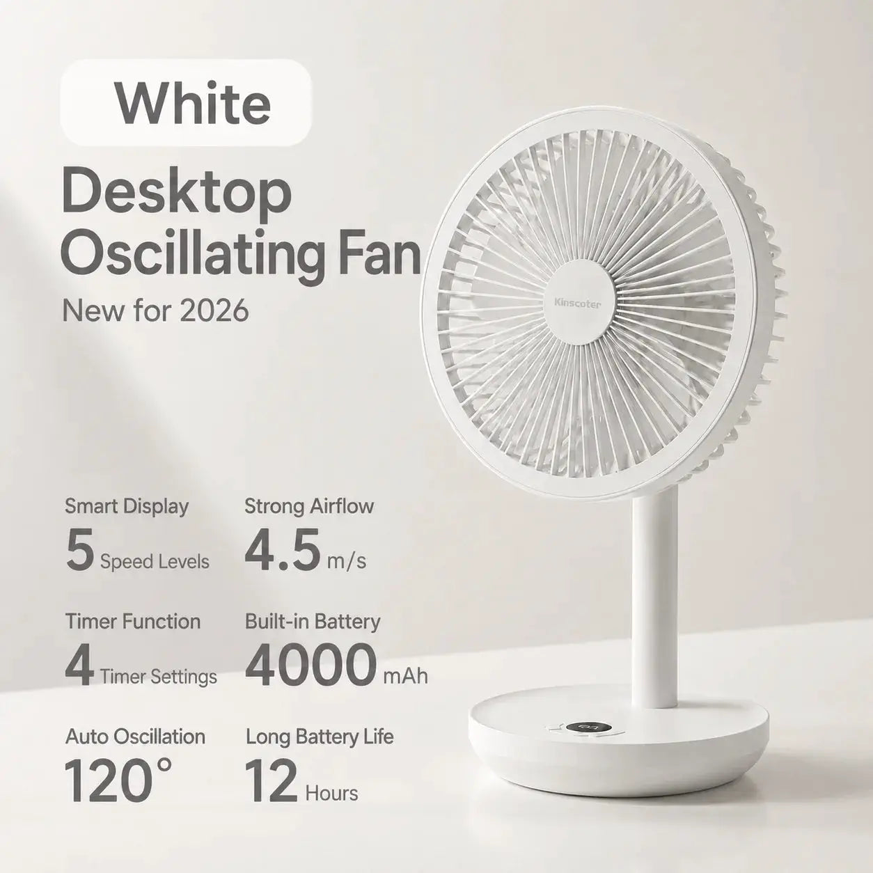 Kinscoter white desk fan with 4000mAh battery and 120° auto-oscillation