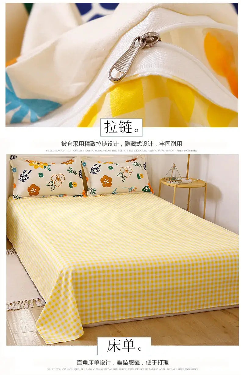 Cotton four-piece bedding set with yellow gingham sheet and two floral pillowcases for a bright, airy bed.