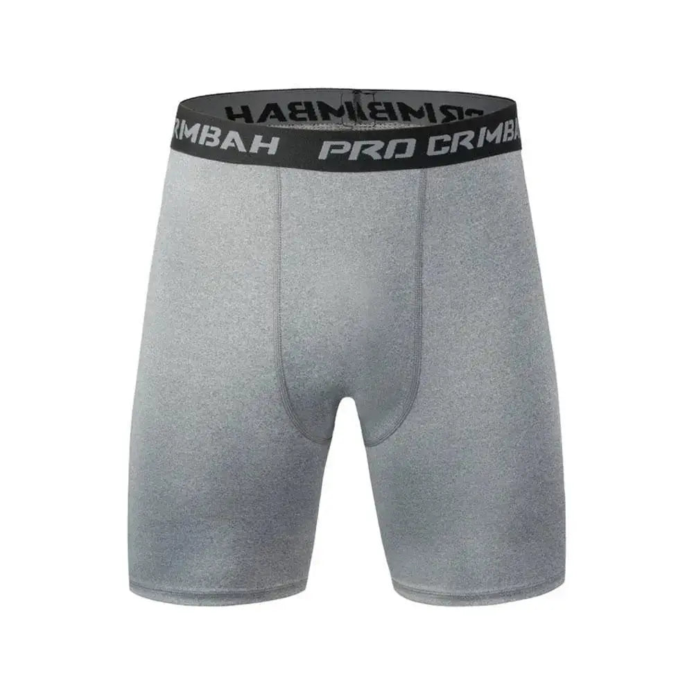 Men's compression shorts in grey metallic fabric with black elastic waistband