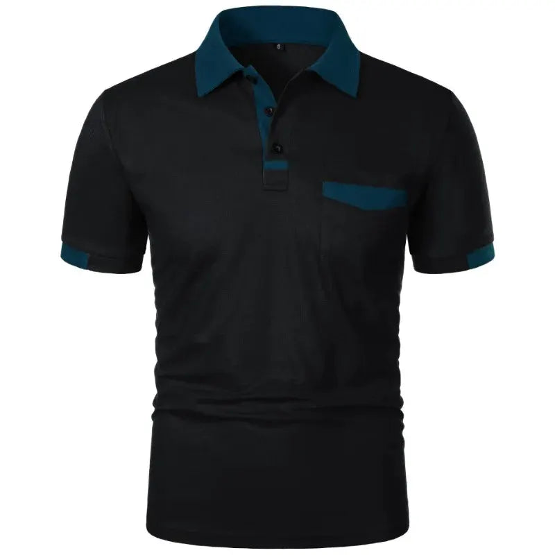 Men's black polo shirt with teal collar and pocket trim, short sleeves.
