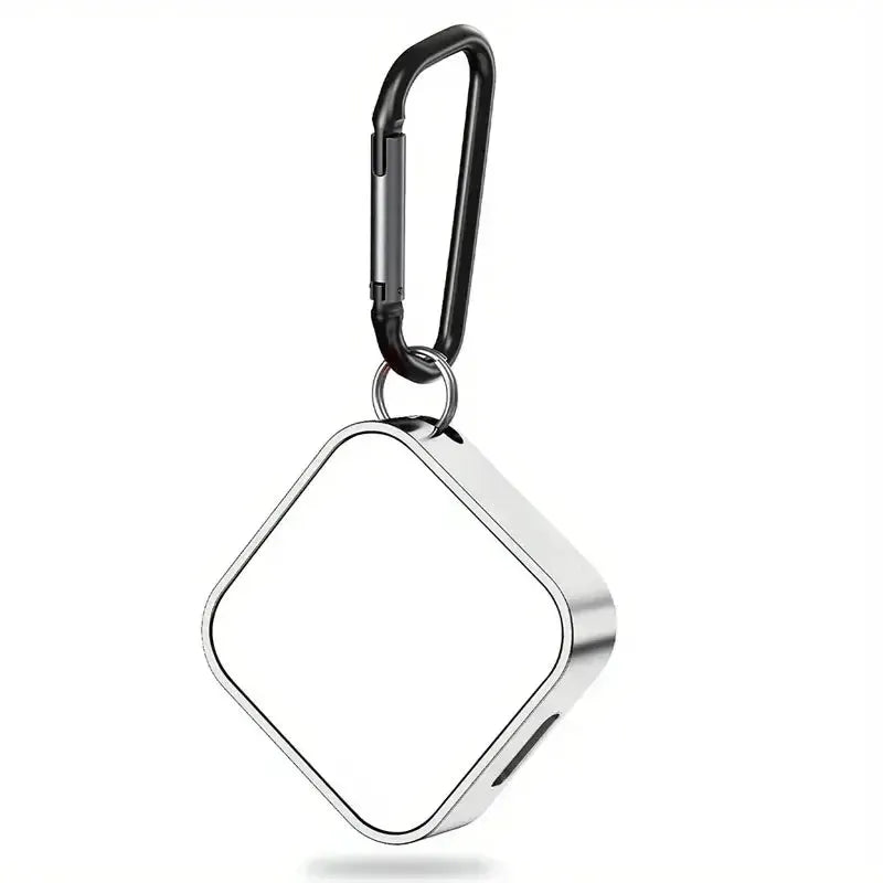 Portable wireless Apple Watch charger with square silver aluminum body and black carabiner clip.