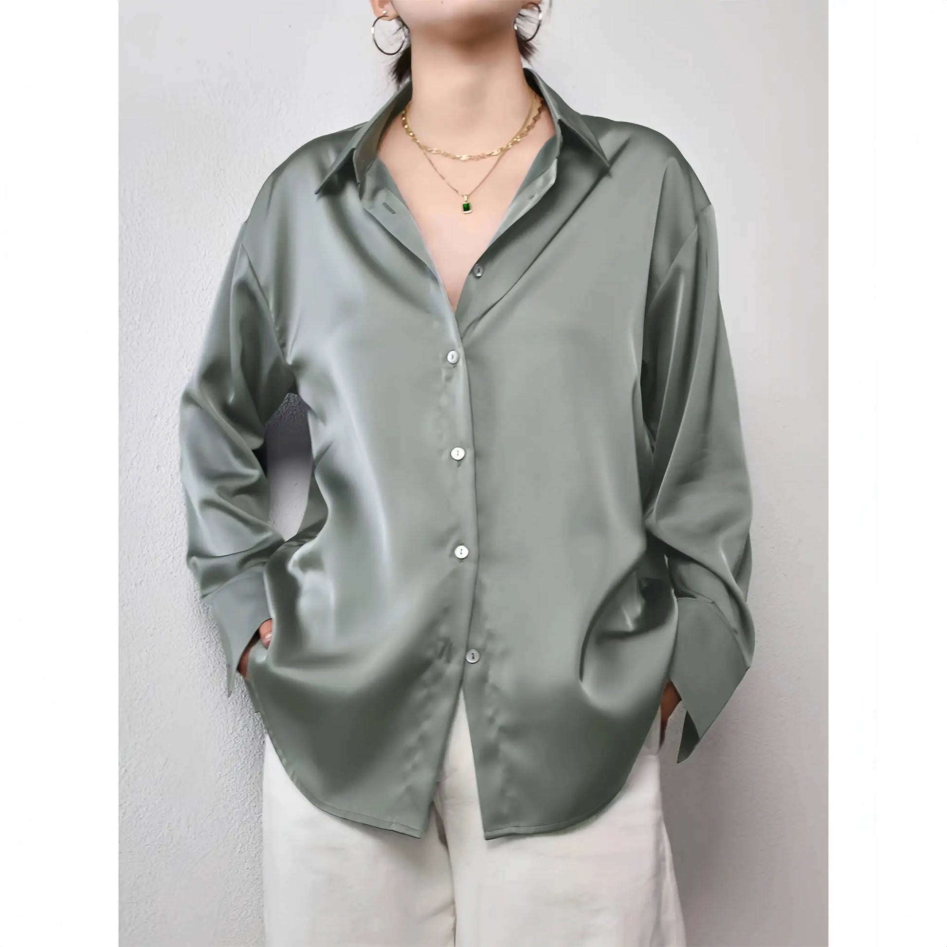 Simples Market satin shirt in sage green, button-down with open collar and relaxed fit