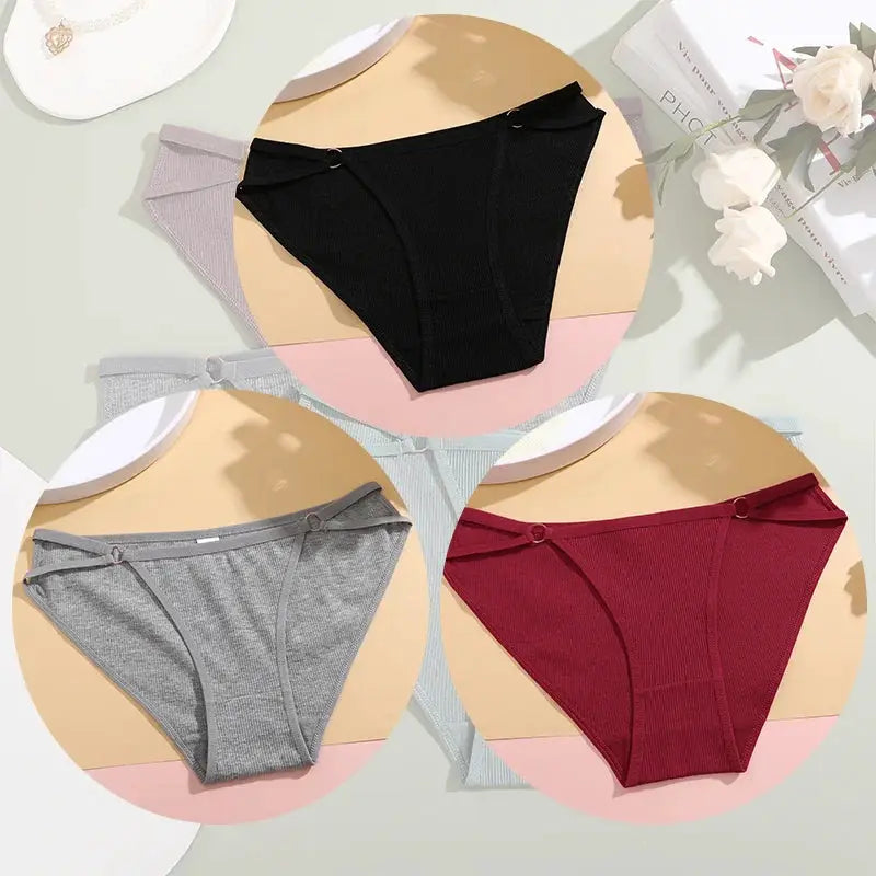 Simples Market 3-pack women's cotton bikini panties in black, grey, and burgundy; breathable and comfortable