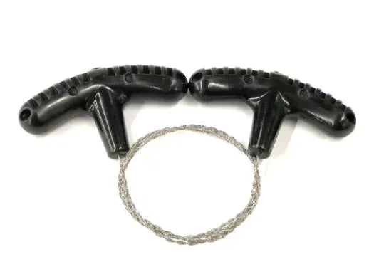 Manual rope chain saw by Simples Market; black handles with braided steel chain for camping survival.
