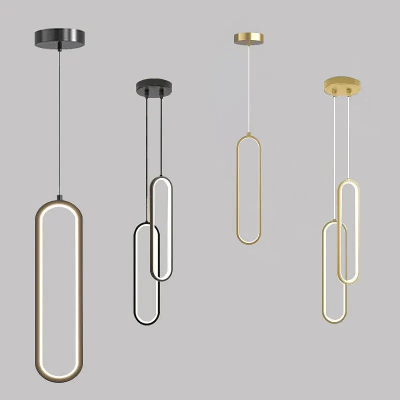 LED pendant light chandelier set of four; modern minimalist gold and black oval-frame lamps for bedroom or living room