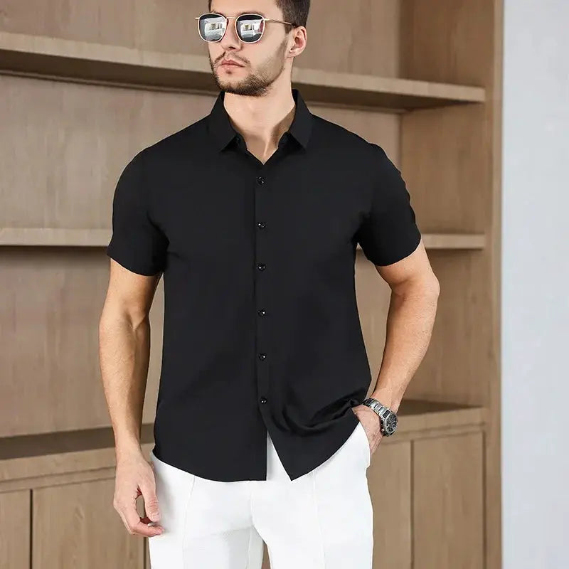 Simples Market men's black short-sleeve business-casual shirt, no-iron, versatile top.