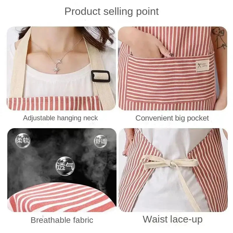 Simples Market Cotto Linen striped apron with thin cotton waistband, adjustable neck, large pocket, breathable fabric