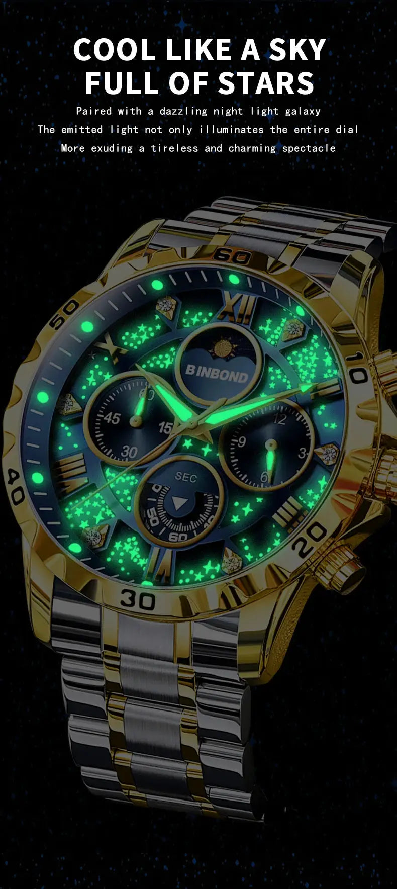 BINBOND men's quartz chronograph watch with luminous green dial on a two-tone stainless steel band