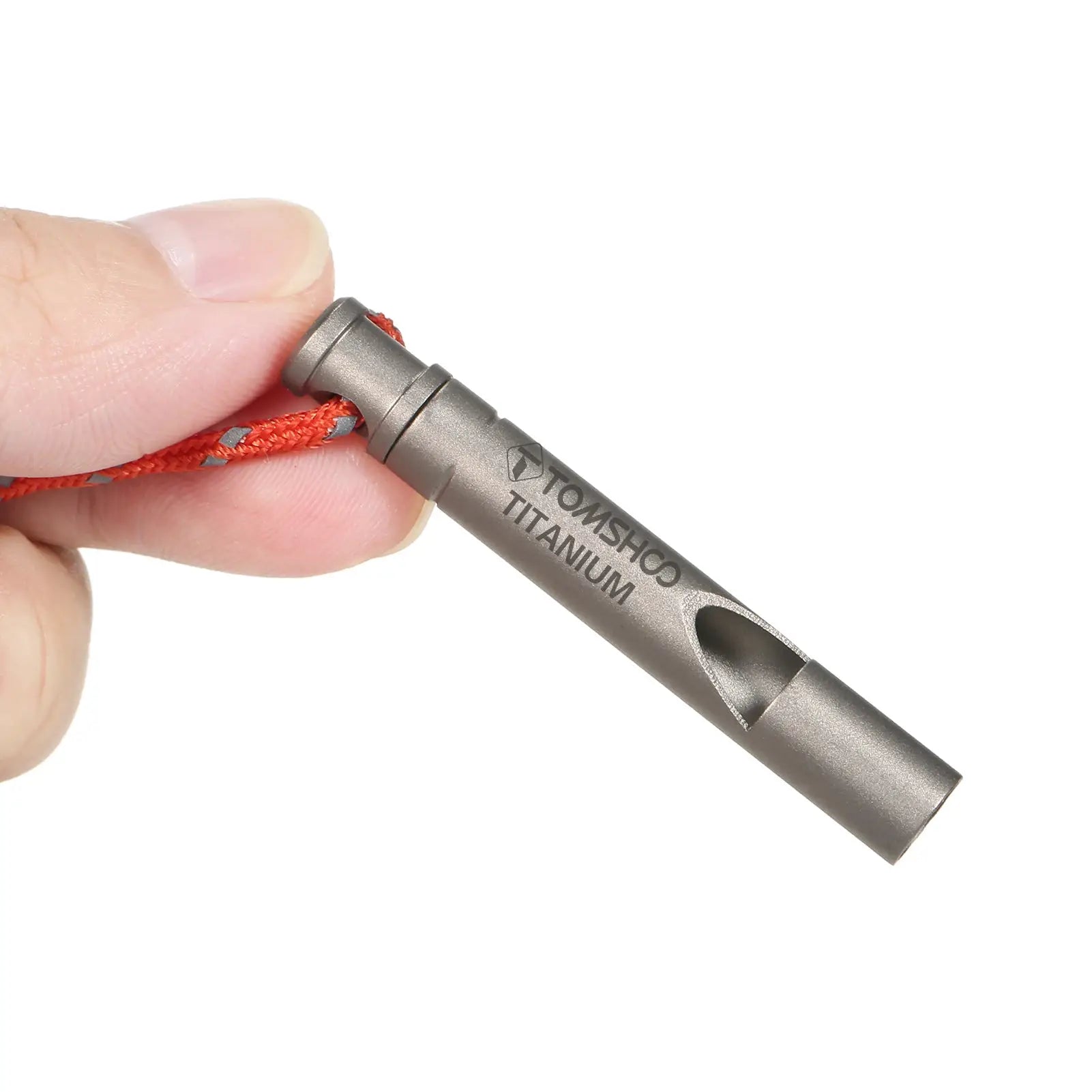 TOMSHOO titanium emergency whistle with red cord lanyard, close-up view.