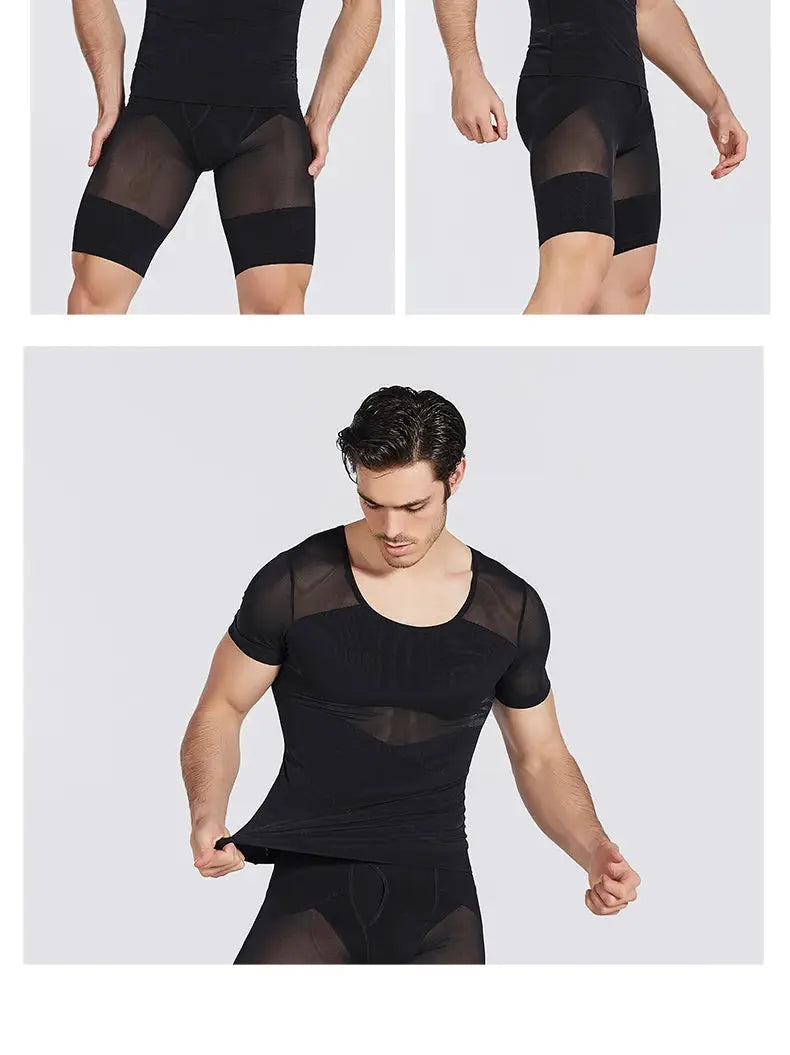 Men's black mesh short-sleeve body shaper undershirt with compression belly control tops