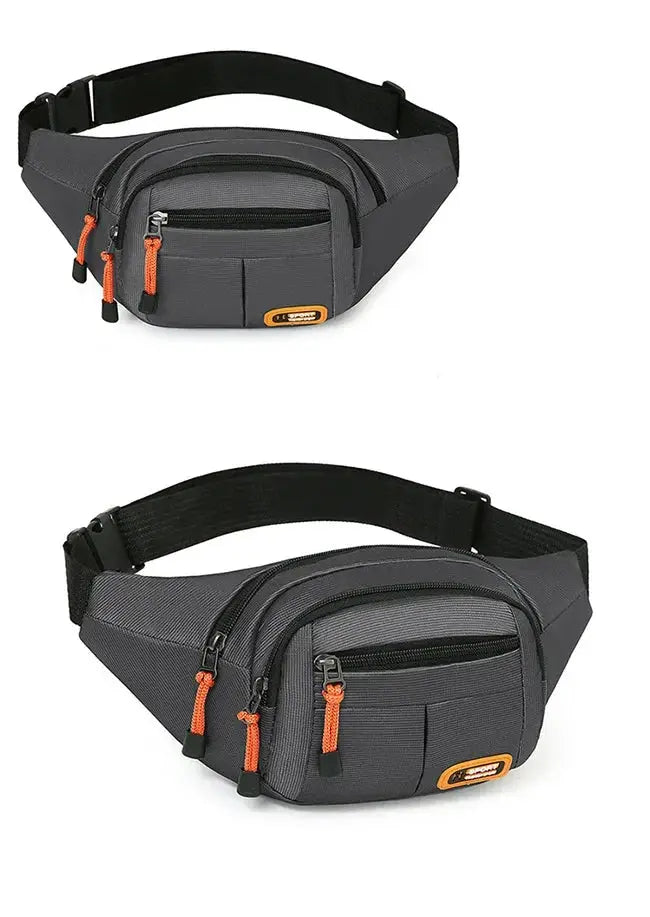 Oxford Waterproof waist bag Simples Market, gray with orange zippers, multi-pocket fanny pack for men and women, adjustable strap.