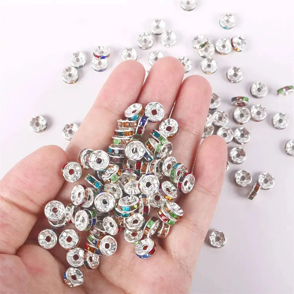 50 Or 100 Pcs 6 Or 8 Mm Mixed Color Shining Rondelle Loose Beads Inlaid Rhinestones For Diy Jewelry Crafting