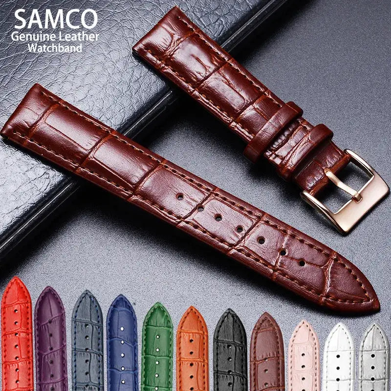 SAMCO Genuine Leather Watchbands in assorted colors and sizes 12–24 mm with buckle and tool