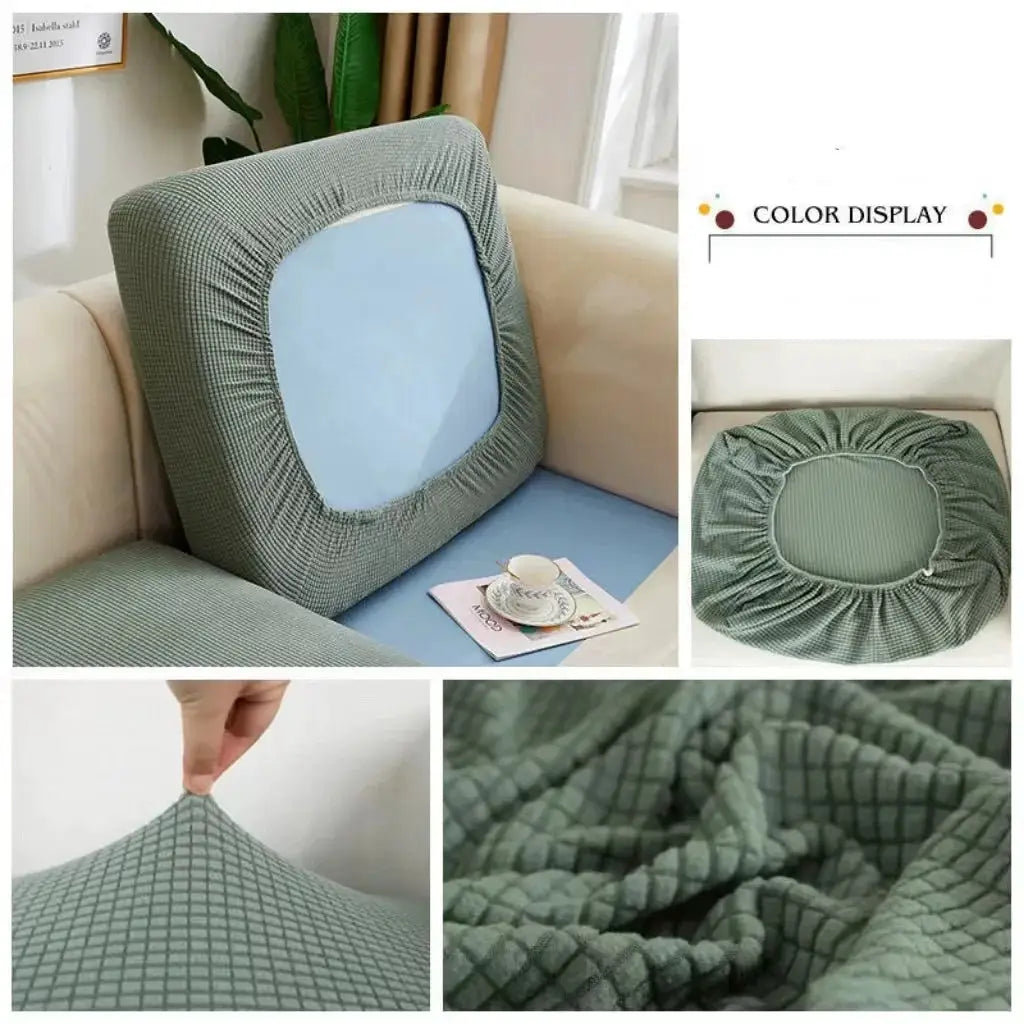 Elastic sofa cover in sage green by Simples Market; solid color cushion slipcover with grid-patterned fabric