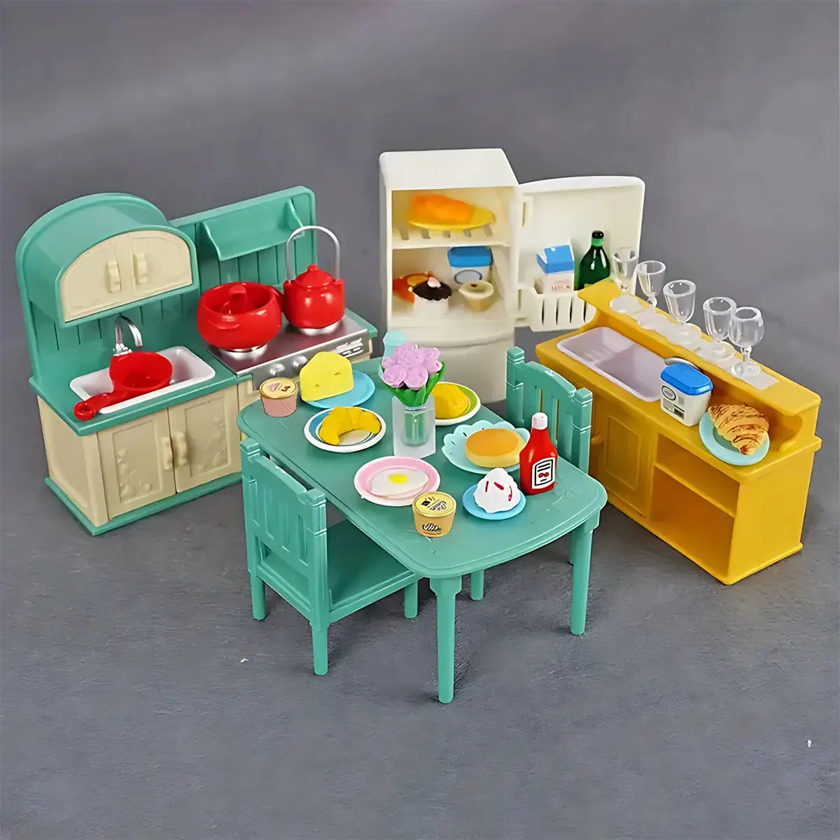 1:12 Scale Miniature Furniture Set Forest Family Kitchen Dining Table Dollhouse Accessories Pretend Play Gift for Girls