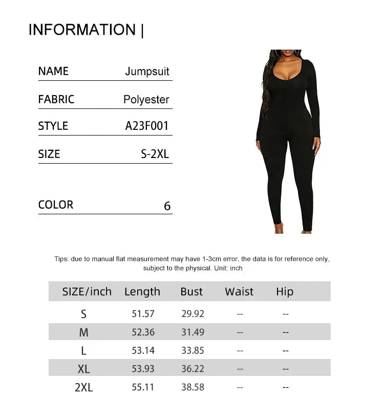 Simples Market women's black long-sleeve solid-color polyester skinny jumpsuit pull-over casual wear, sizes S–2XL.