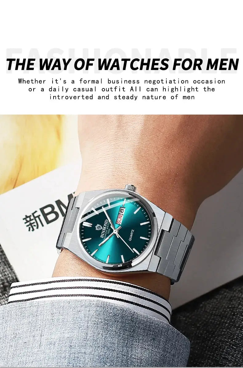 BINBOND men's stainless steel quartz watch with teal gradient dial, day-date display, and metal bracelet
